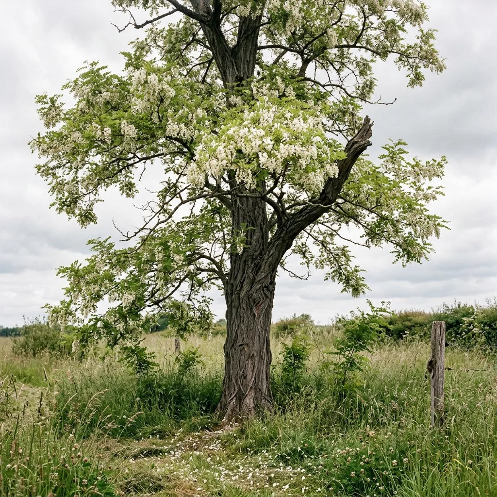 Robinier faux-acacia adulte en pleine floraison en lisière de prairie — SemiSauvage