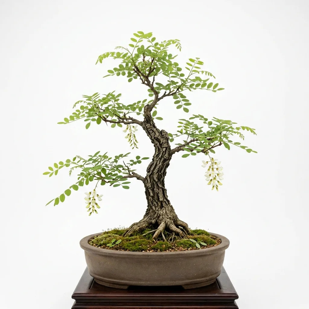 Bonsaï de Robinier faux-acacia à l'écorce crevassée, en coupe de grès, sur fond blanc — SemiSauvage