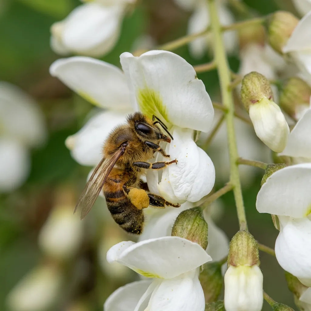 Abeille butinant une fleur de robinier, arbre mellifère du miel d'acacia — SemiSauvage