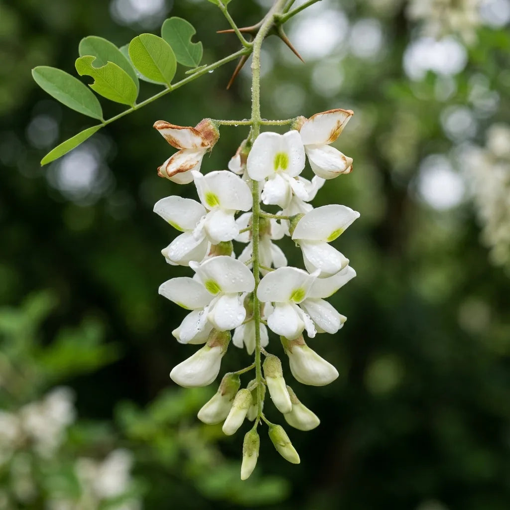 Grappe retombante de fleurs blanches de robinier sous la rosée, macro — SemiSauvage