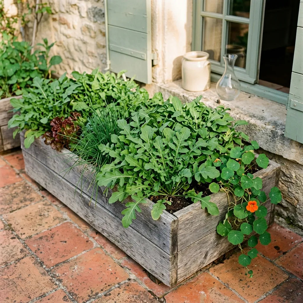 Roquette cultivée en bac de bois sur une terrasse de tomettes anciennes — SemiSauvage