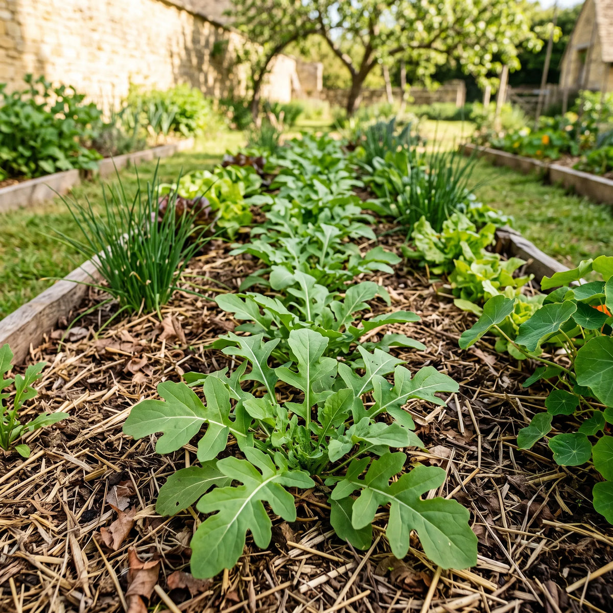 Rang de roquette sur sol paillé dans un potager en permaculture — SemiSauvage