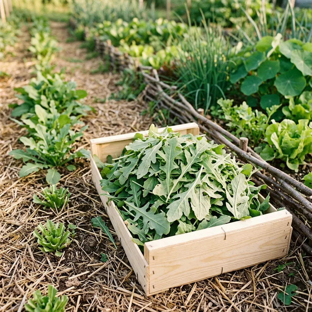 Cagette de jeunes feuilles de roquette fraîchement récoltées au potager — SemiSauvage