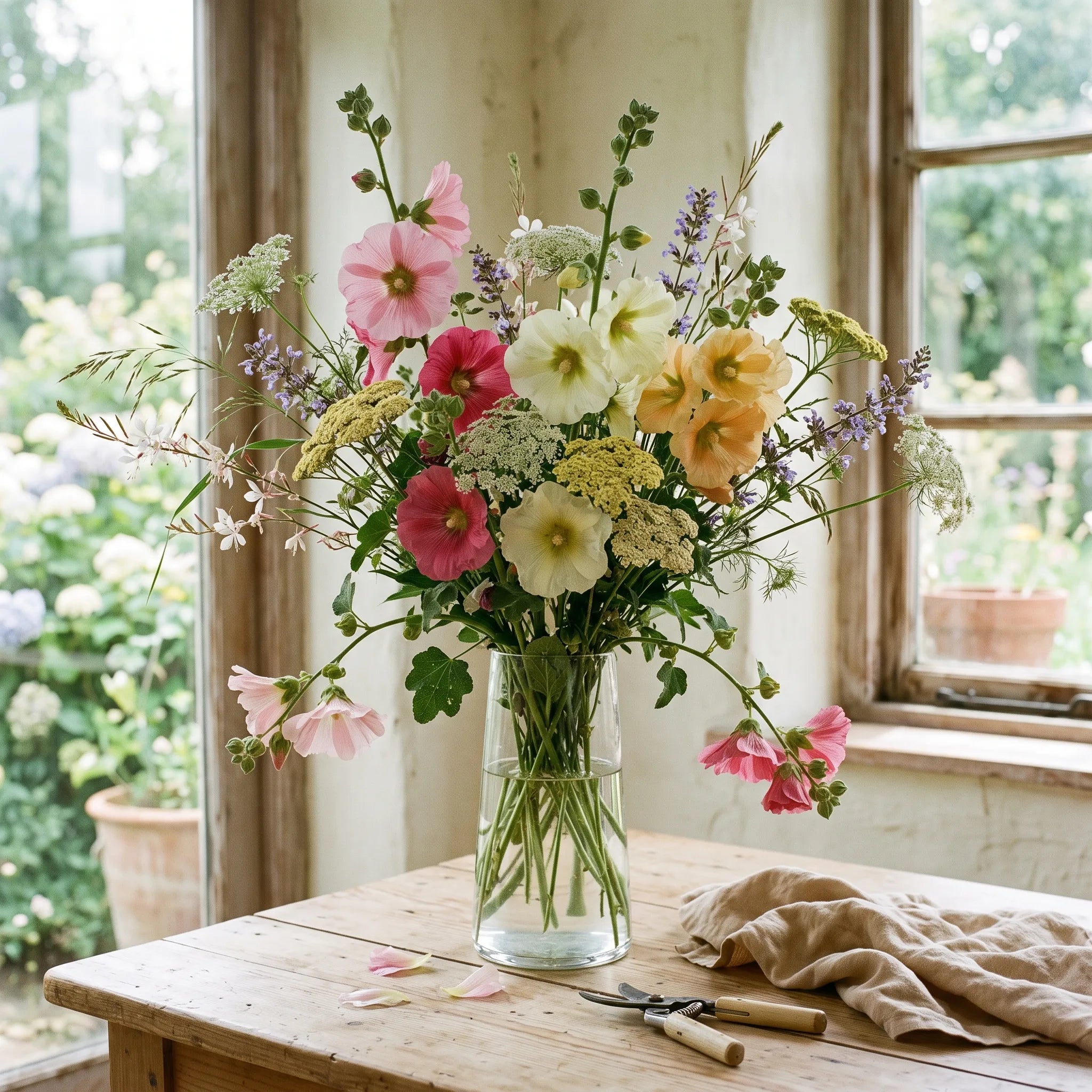 Bouquet d'été de roses trémières dans un vase de verre soufflé