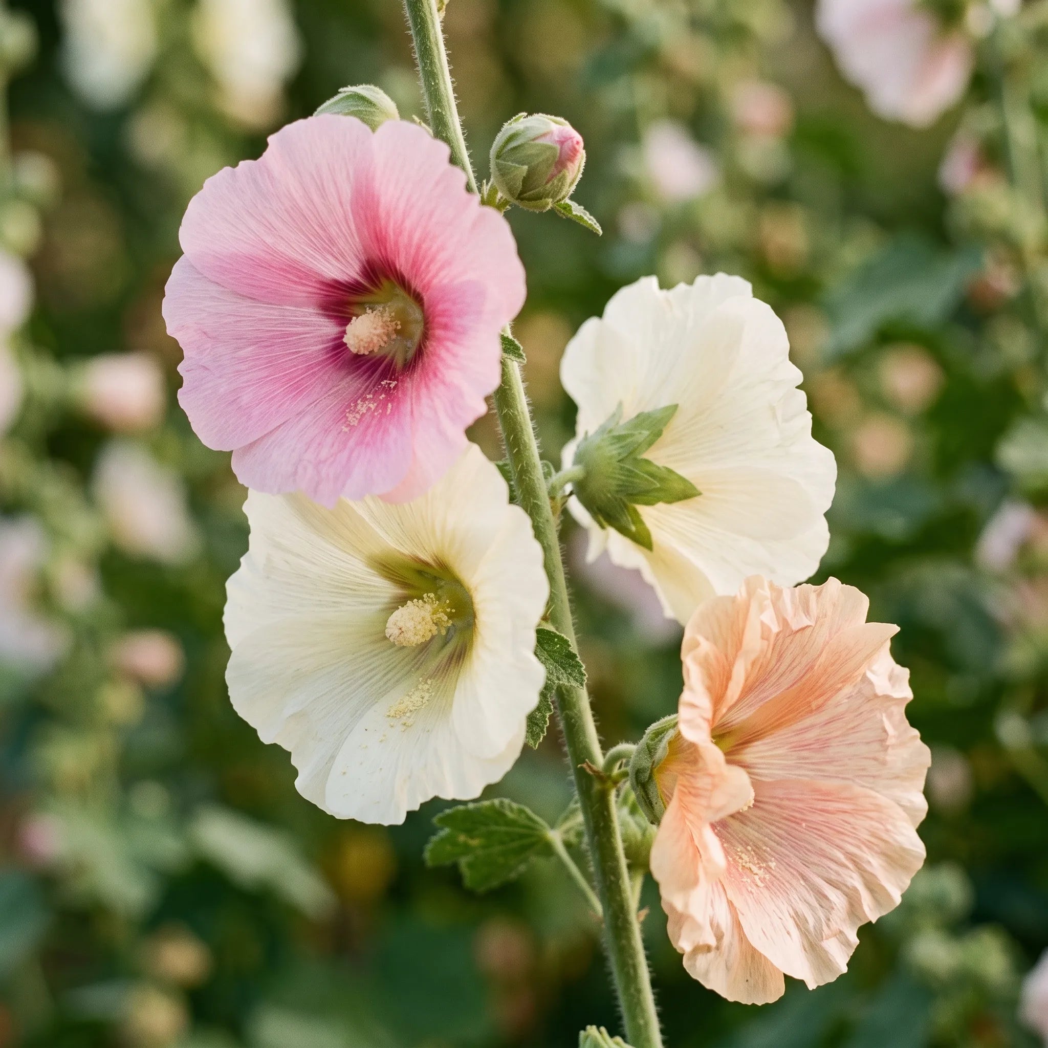 Gros plan sur les fleurs de rose trémière et leur colonne staminale centrale