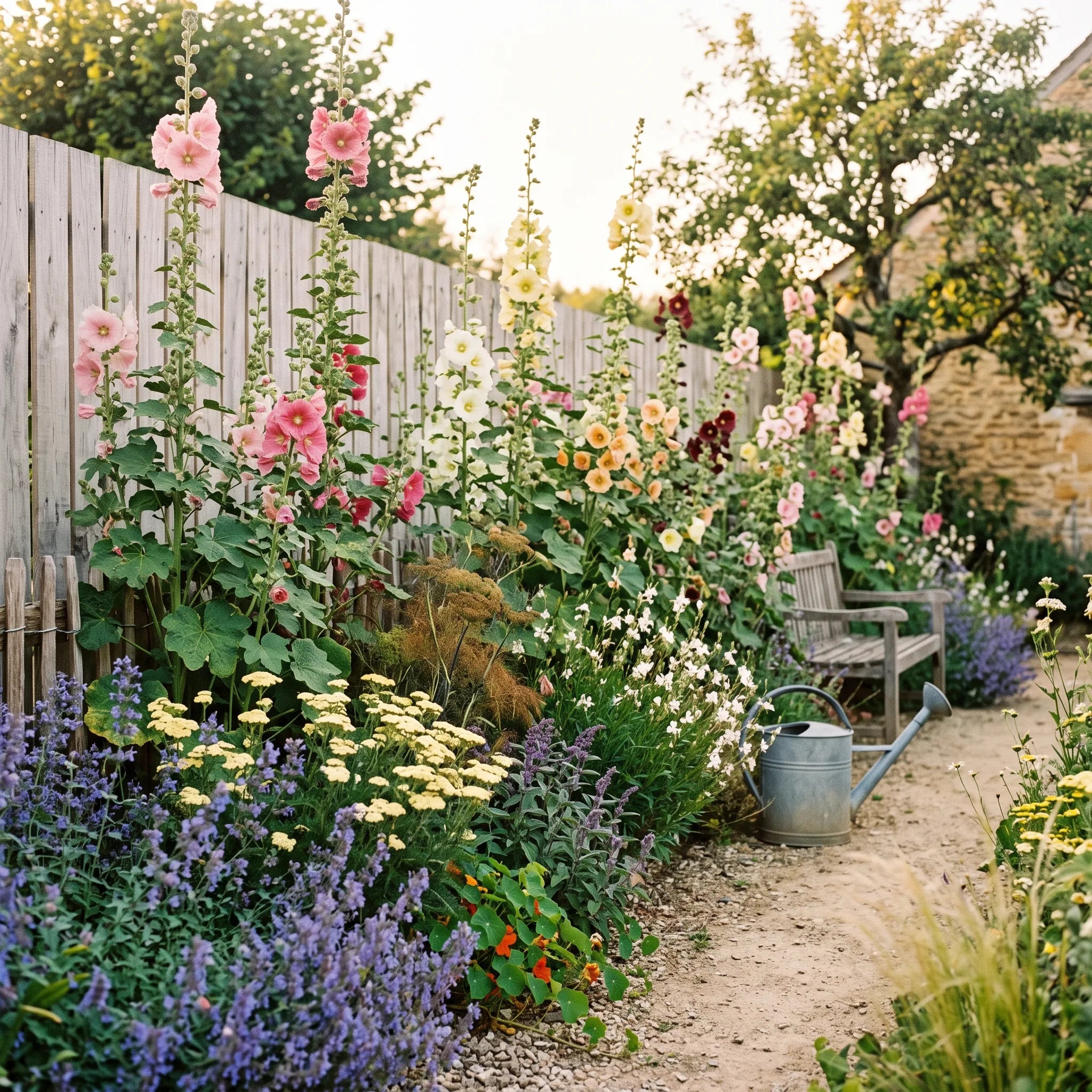 Massif de roses trémières le long d'une palissade dans un jardin d'été fleuri