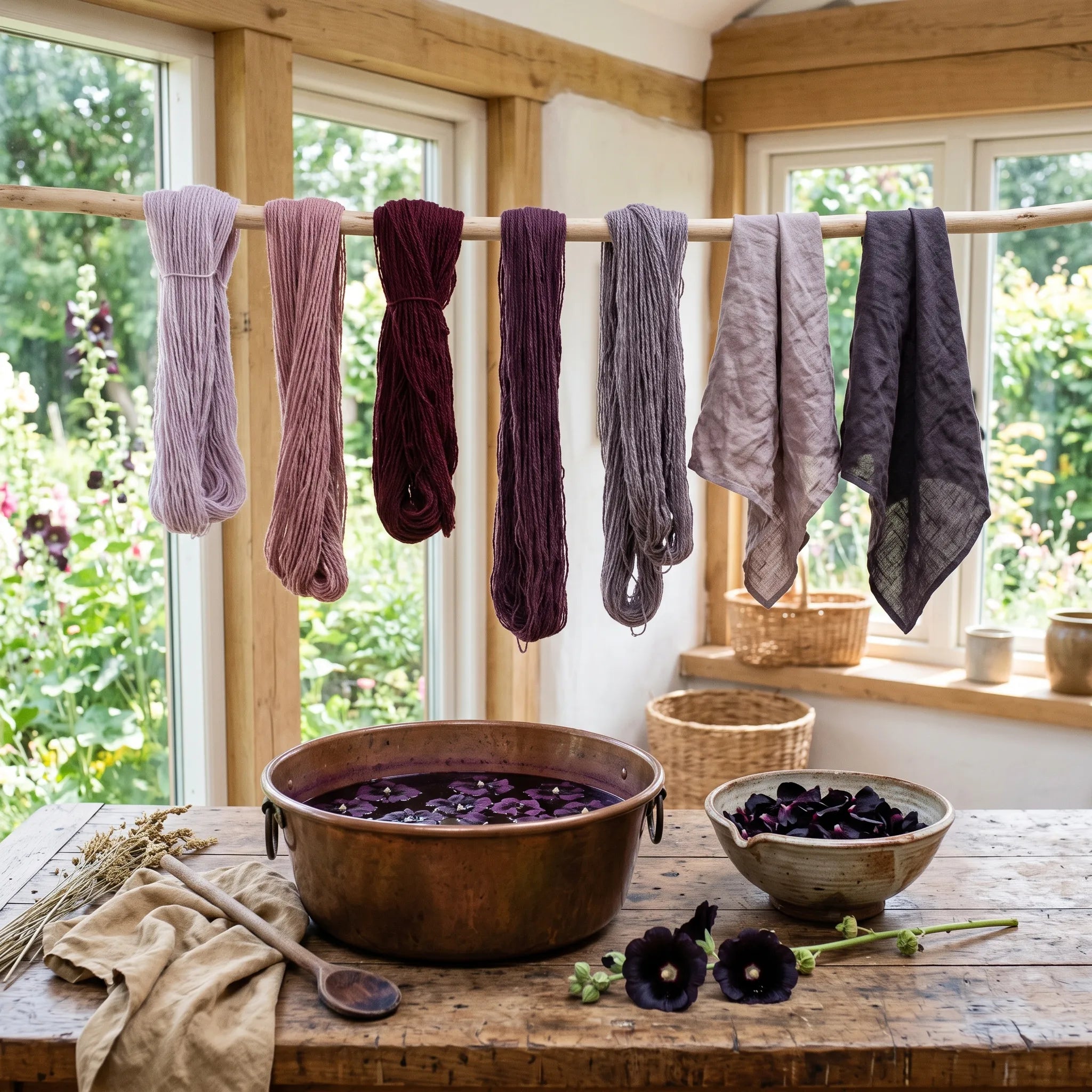 Laine et lin teints aux pétales de rose trémière noire, colorant naturel