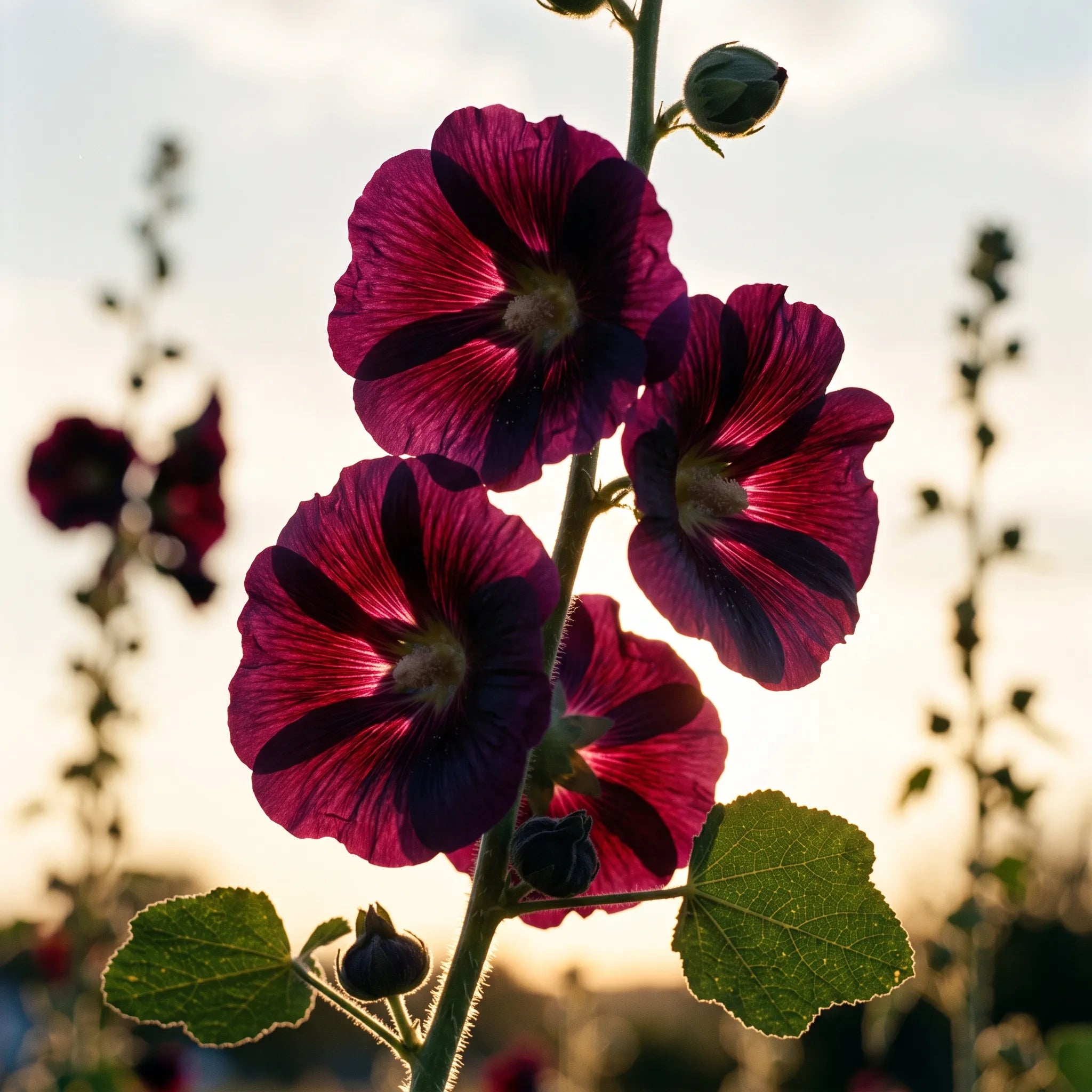 Fleurs de rose trémière noire à contre-jour révélant leur pourpre translucide
