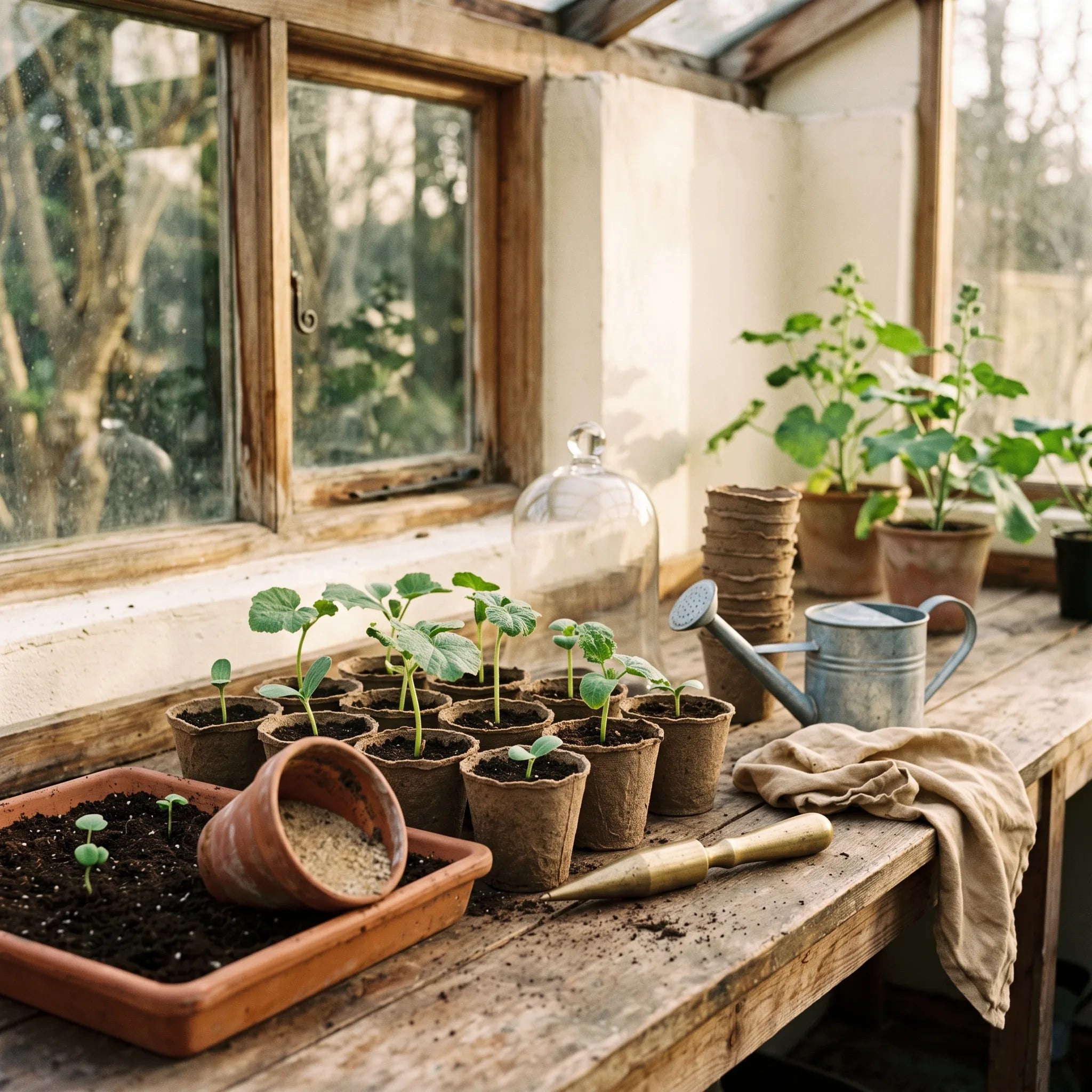 Jeunes plants de rose trémière noire en godets sous serre après stratification à froid