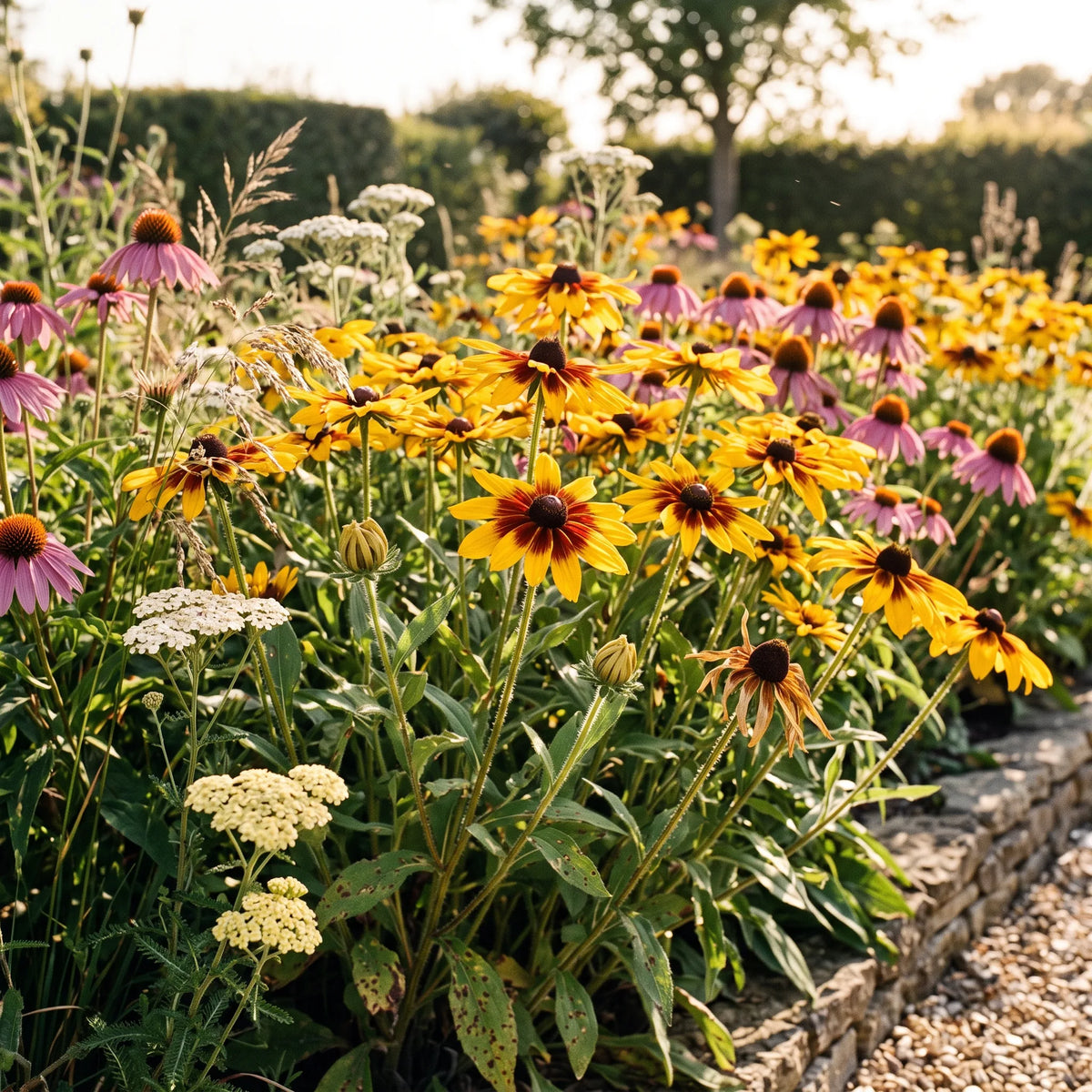 Massif de prairie fleurie où le rudbeckia domine, associé aux échinacées et aux graminées