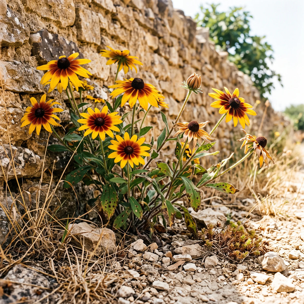 Rudbeckia fleurissant au pied d'un mur, en sol pauvre et caillouteux