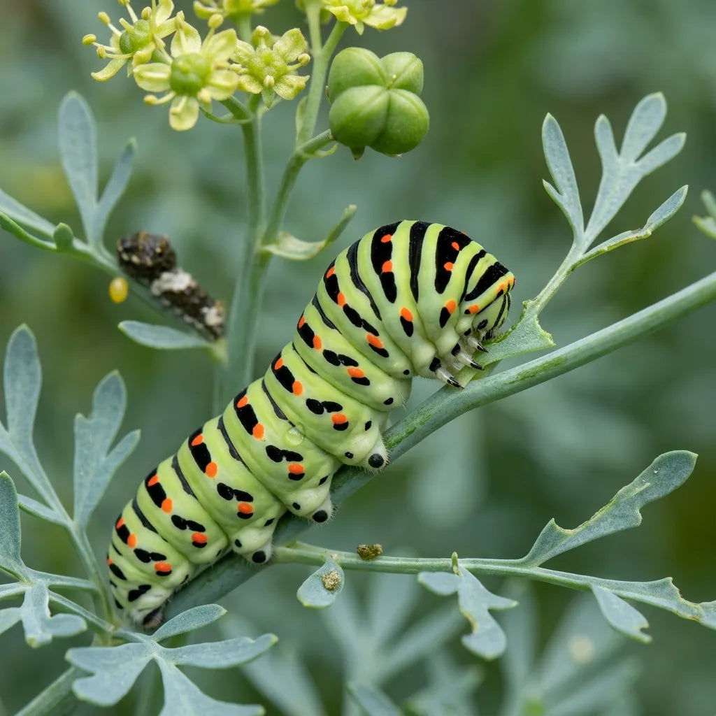 Chenille de Machaon se nourrissant sur la rue officinale, sa plante hôte — SemiSauvage