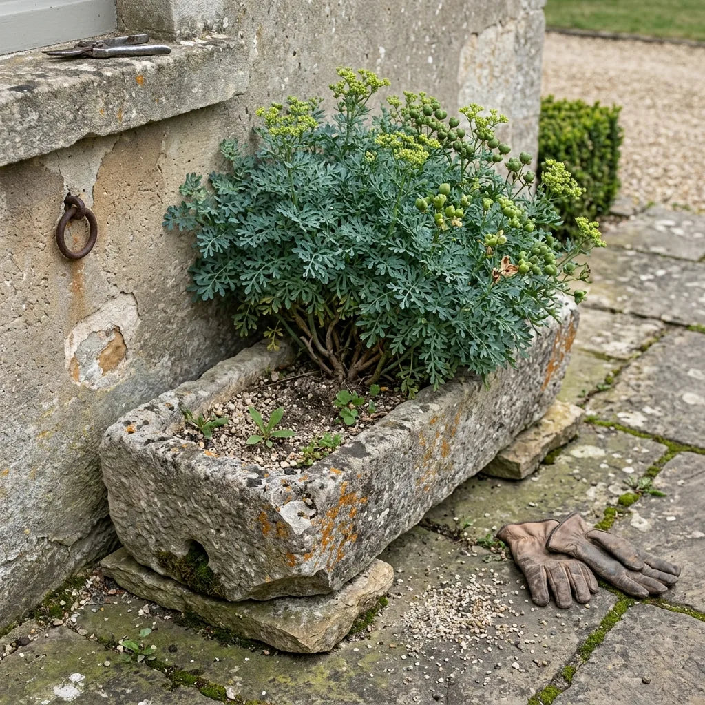 Rue officinale cultivée en bac de pierre dans un coin abrité de terrasse — SemiSauvage
