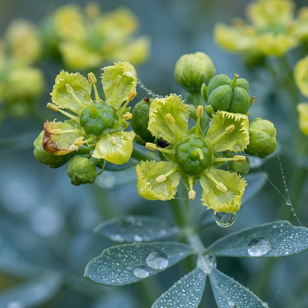 Macro des fleurs jaune verdâtre de rue officinale aux pétales frangés, couvertes de rosée — SemiSauvage
