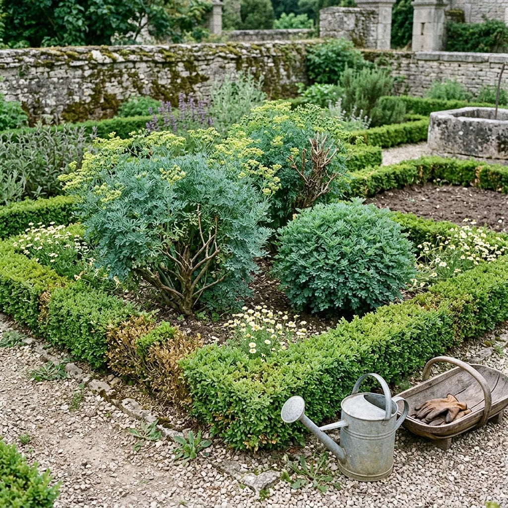 Rue officinale au cœur d'un jardin de simples bordé de buis — SemiSauvage