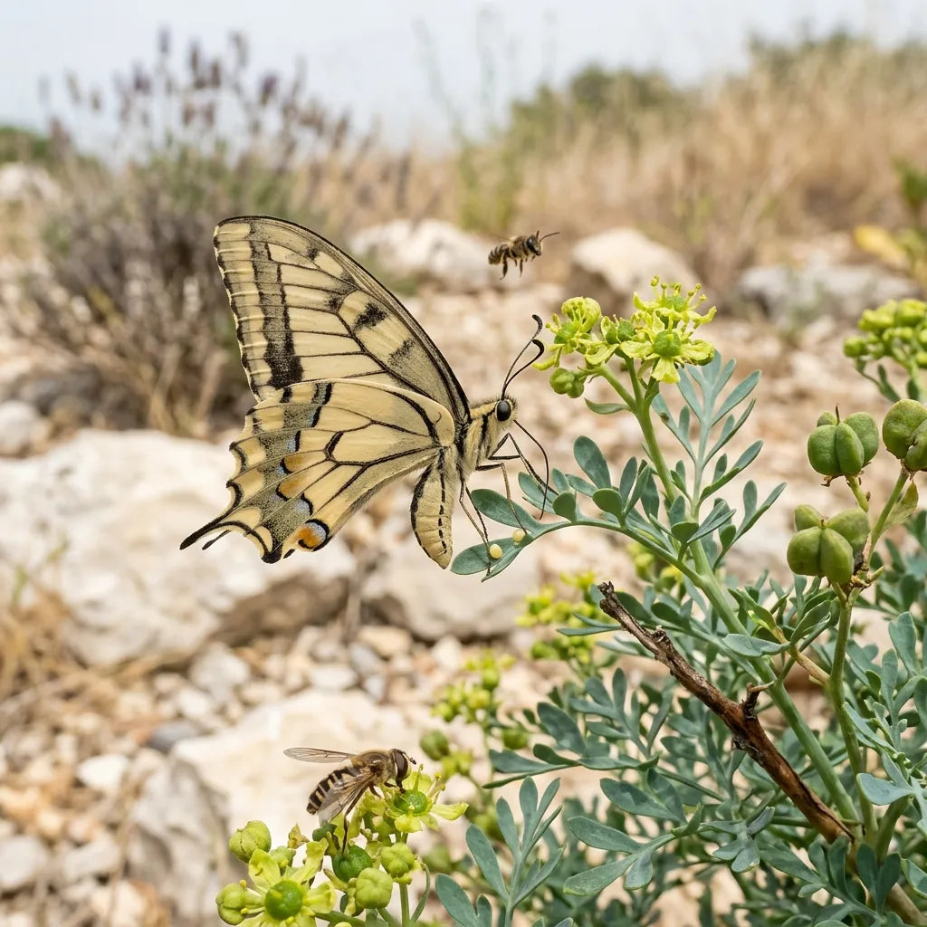 Machaon adulte pondant sur la rue officinale, syrphe sur les fleurs — SemiSauvage
