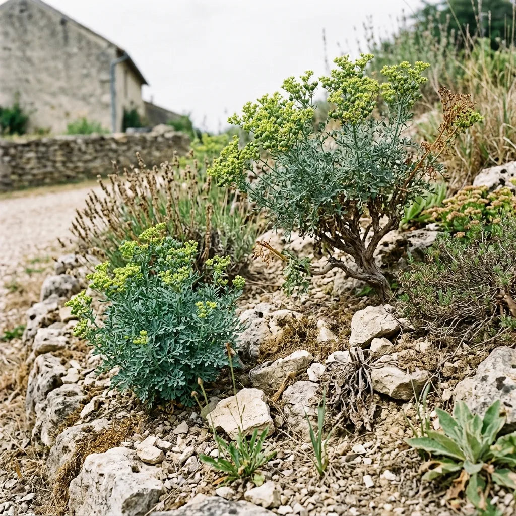 Rue officinale en rocaille sèche méditerranéenne avec lavande — SemiSauvage