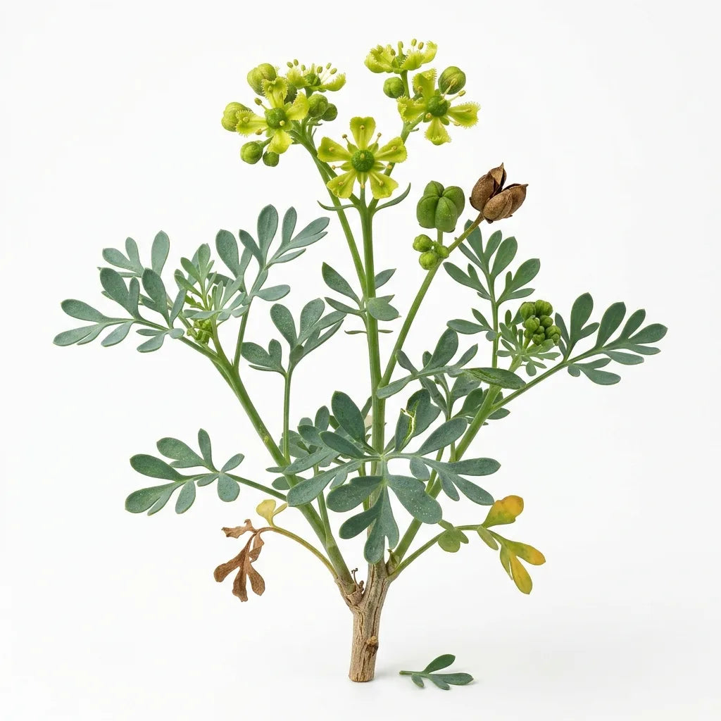 Plante entière de rue officinale (Ruta graveolens) au feuillage bleuté sur fond blanc — SemiSauvage