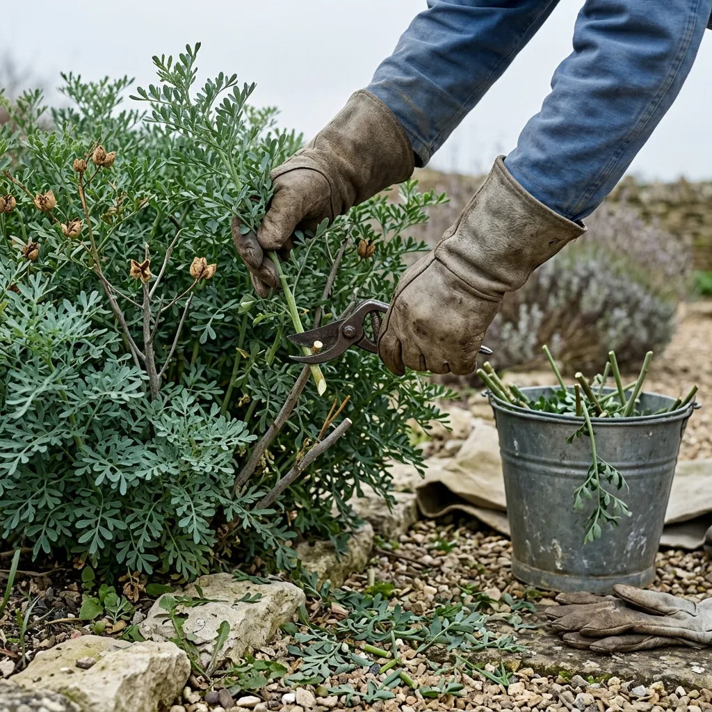 Taille de la rue officinale avec gants et manches longues, par temps couvert — SemiSauvage
