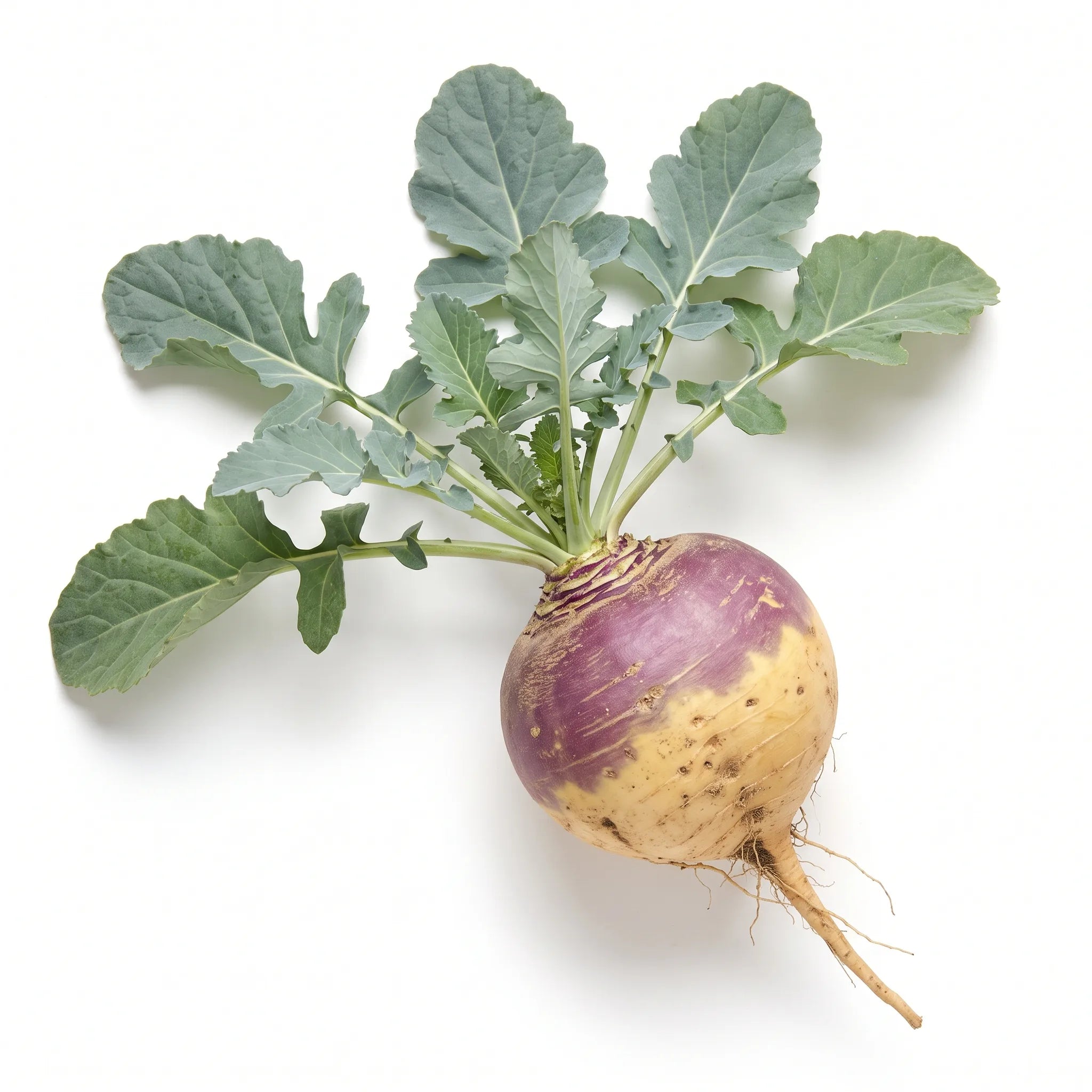 Pied entier de rutabaga, racine à collet violet et feuillage glauque, sur fond blanc