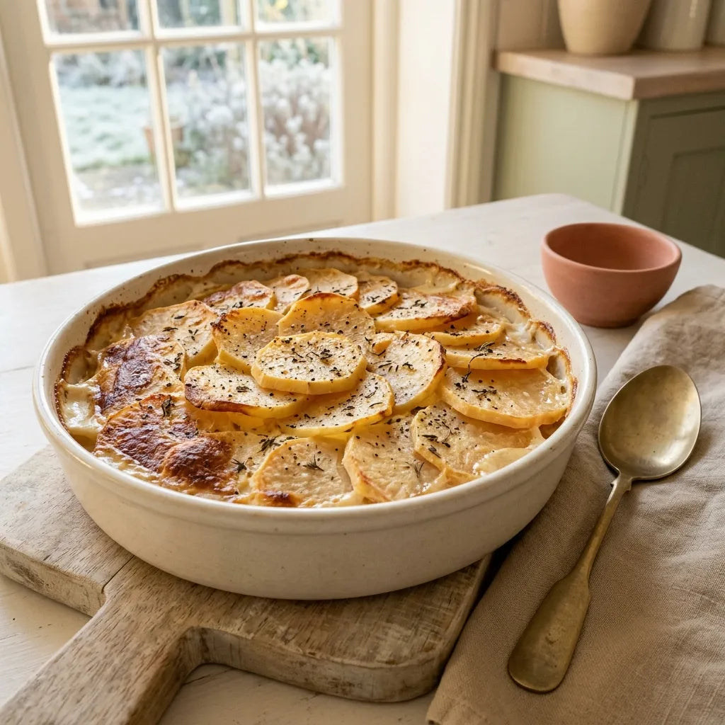 Gratin de rutabaga doré dans un plat en céramique artisanale