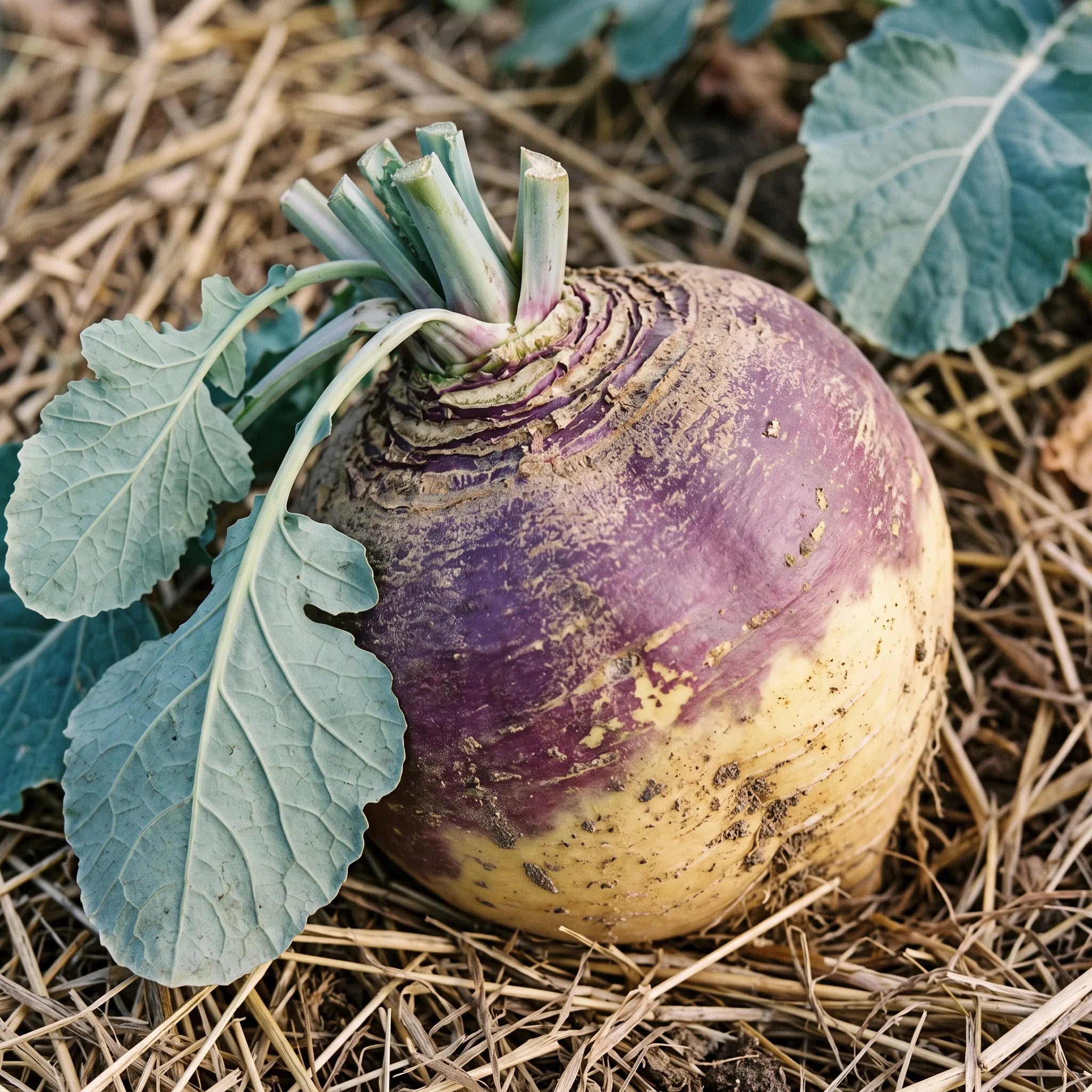 Macro du collet violet-pourpre d'un rutabaga et de ses cicatrices foliaires