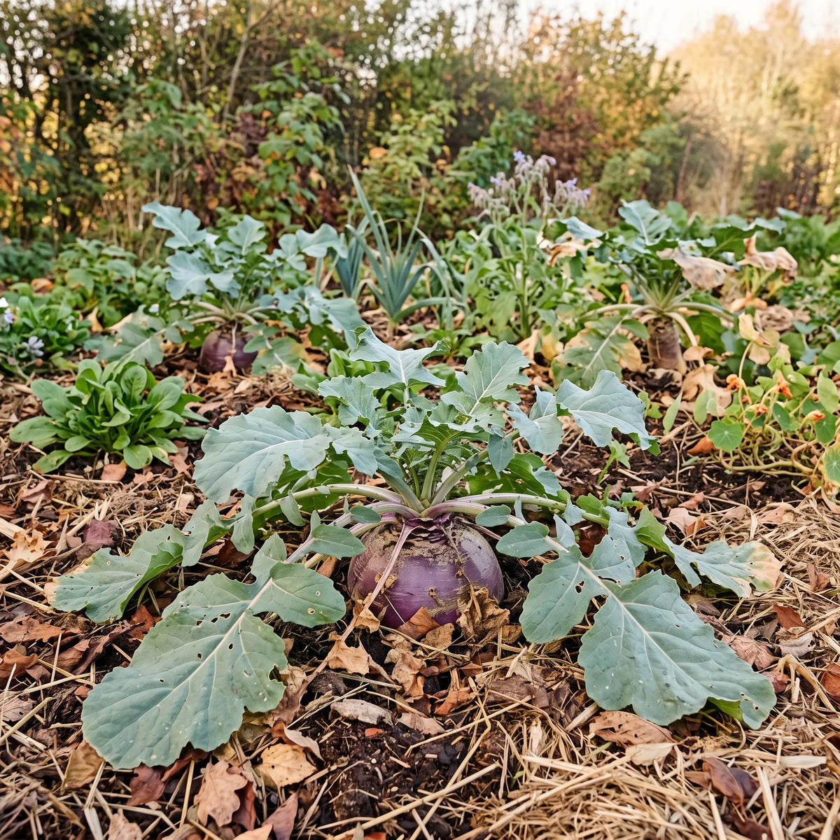 Pied de rutabaga au potager d'automne, épaule violette affleurant sous le paillage