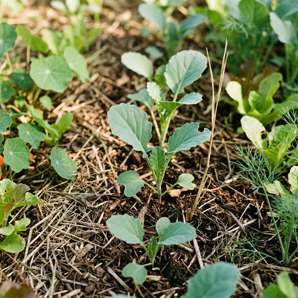Jeunes plantules de rutabaga levées dans un sol vivant paillé