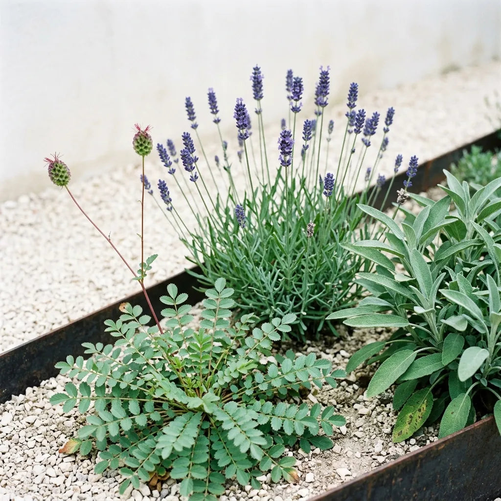 Association en sol sec : petite pimprenelle, lavande vraie et sauge officinale — SemiSauvage