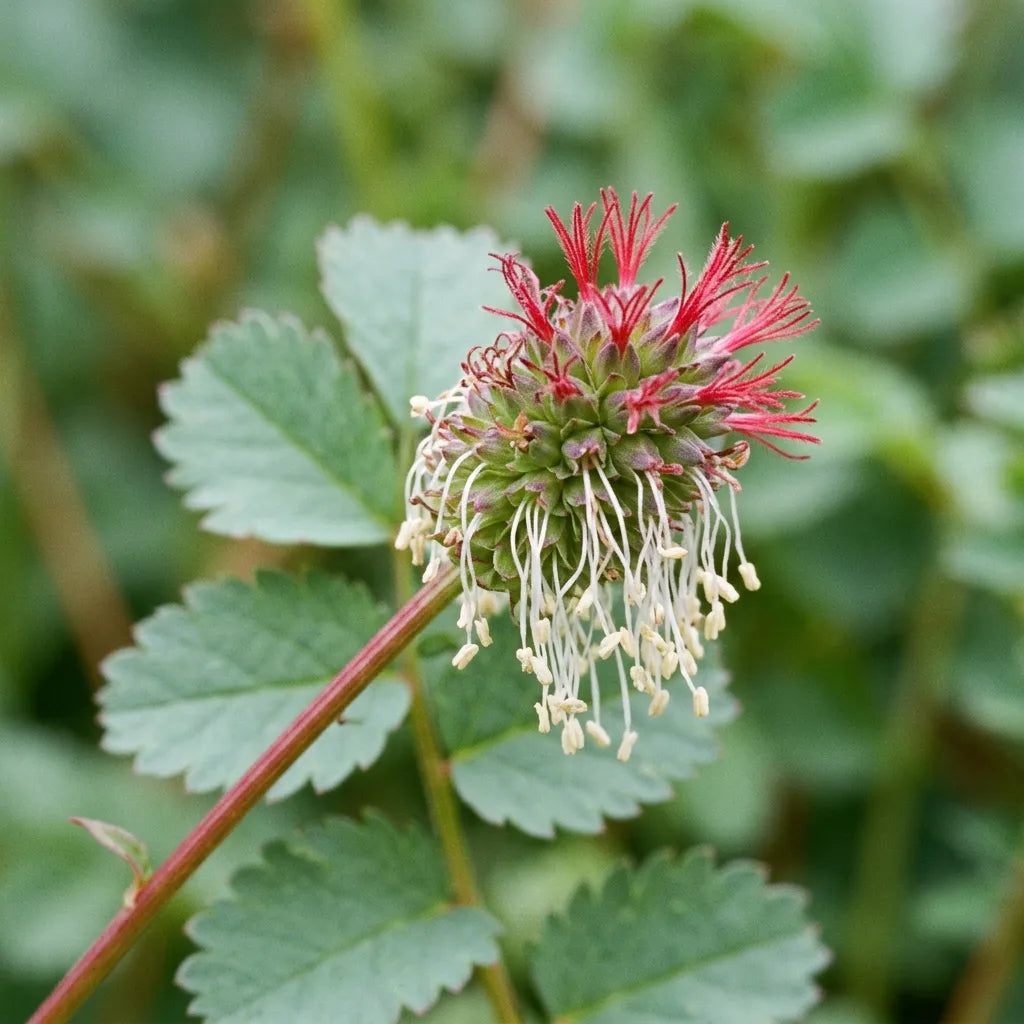 Macro du capitule de Sanguisorba minor : stigmates plumeux rouge carmin au sommet, étamines pendantes à la base — SemiSauvage