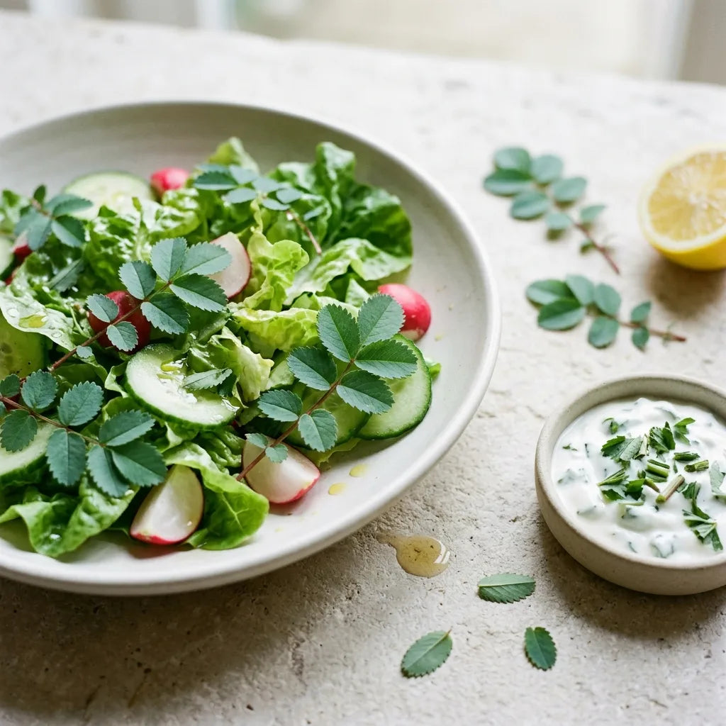 Salade fraîche aux jeunes feuilles de pimprenelle, concombre et radis, et fromage blanc aux herbes — SemiSauvage