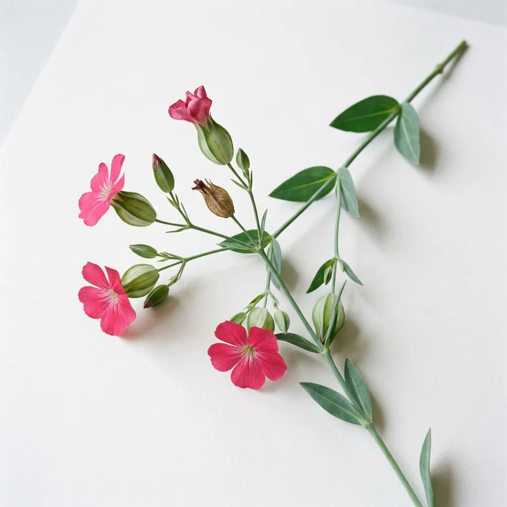 Tige fleurie de saponaire de Montpellier (Vaccaria hispanica), fleurs roses et calices ailés, sur fond blanc — SemiSauvage