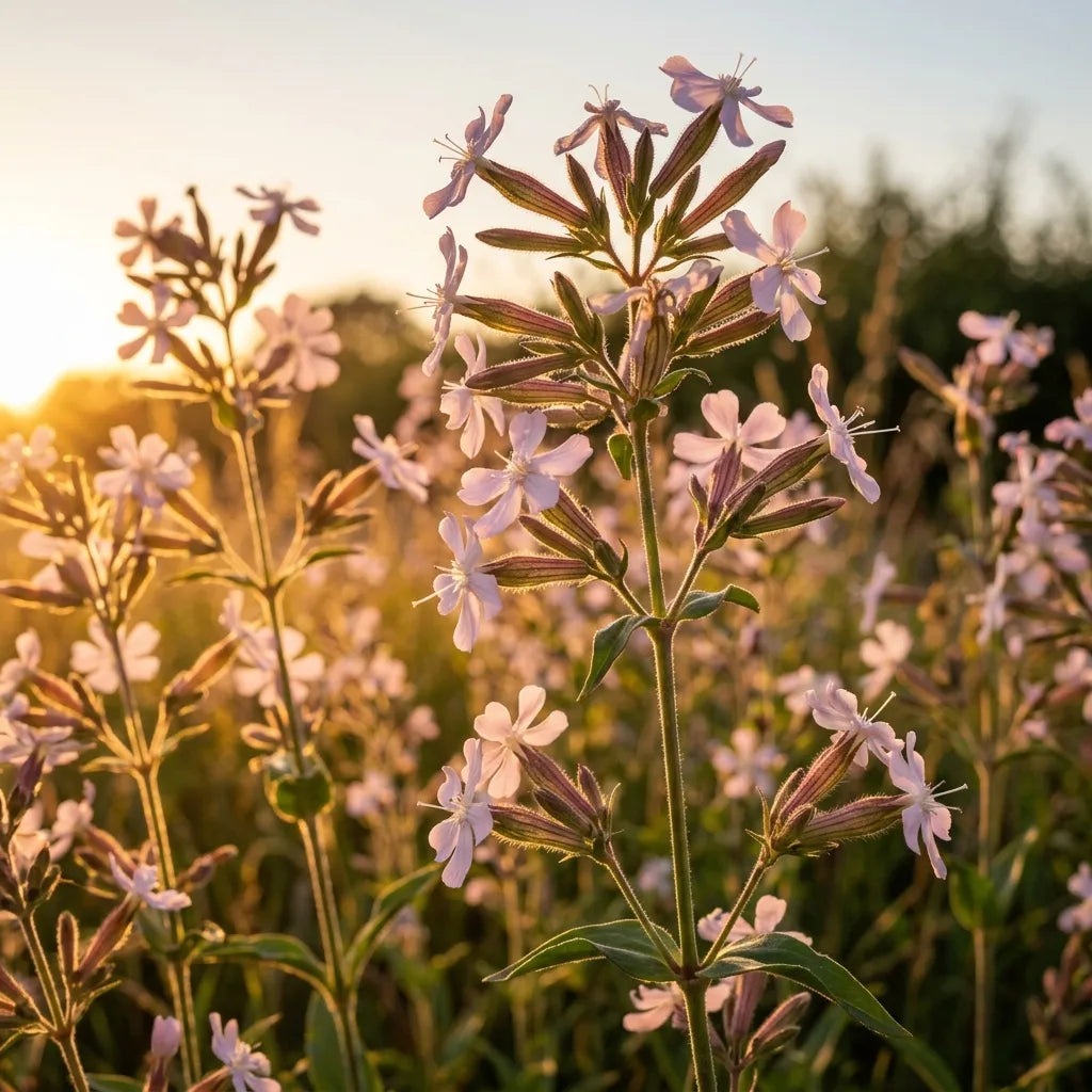 Fleurs de saponaire officinale à contre-jour au crépuscule — SemiSauvage