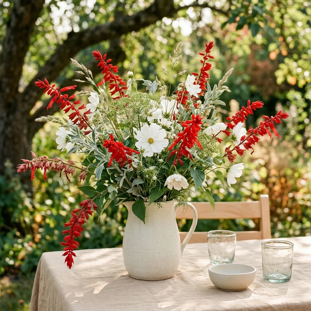 Bouquet d'été à la sauge éclatante dans un pichet de céramique, sur une table de jardin