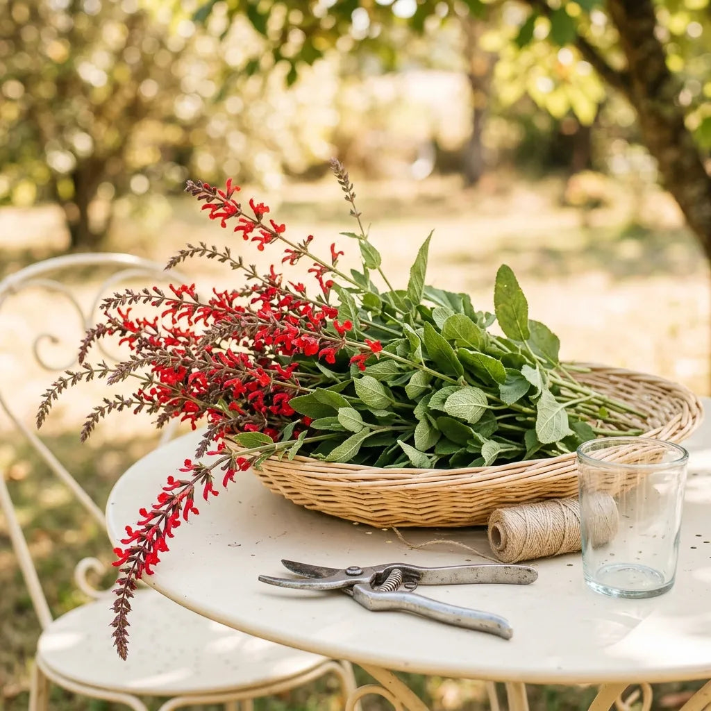Corbeille de tiges de sauge éclatante fraîchement coupées sur une table de jardin