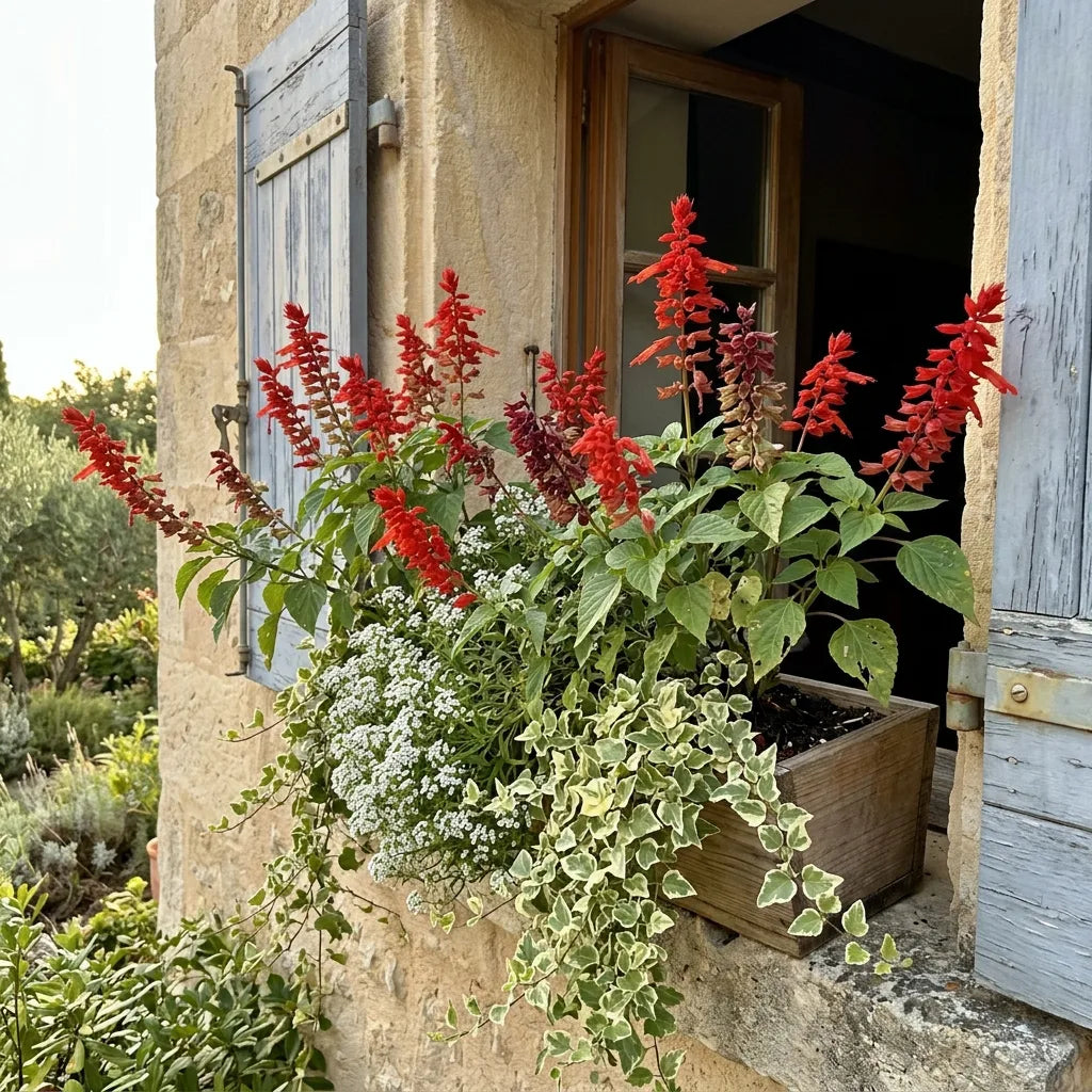 Sauge éclatante en jardinière sur le rebord d'une fenêtre à volets