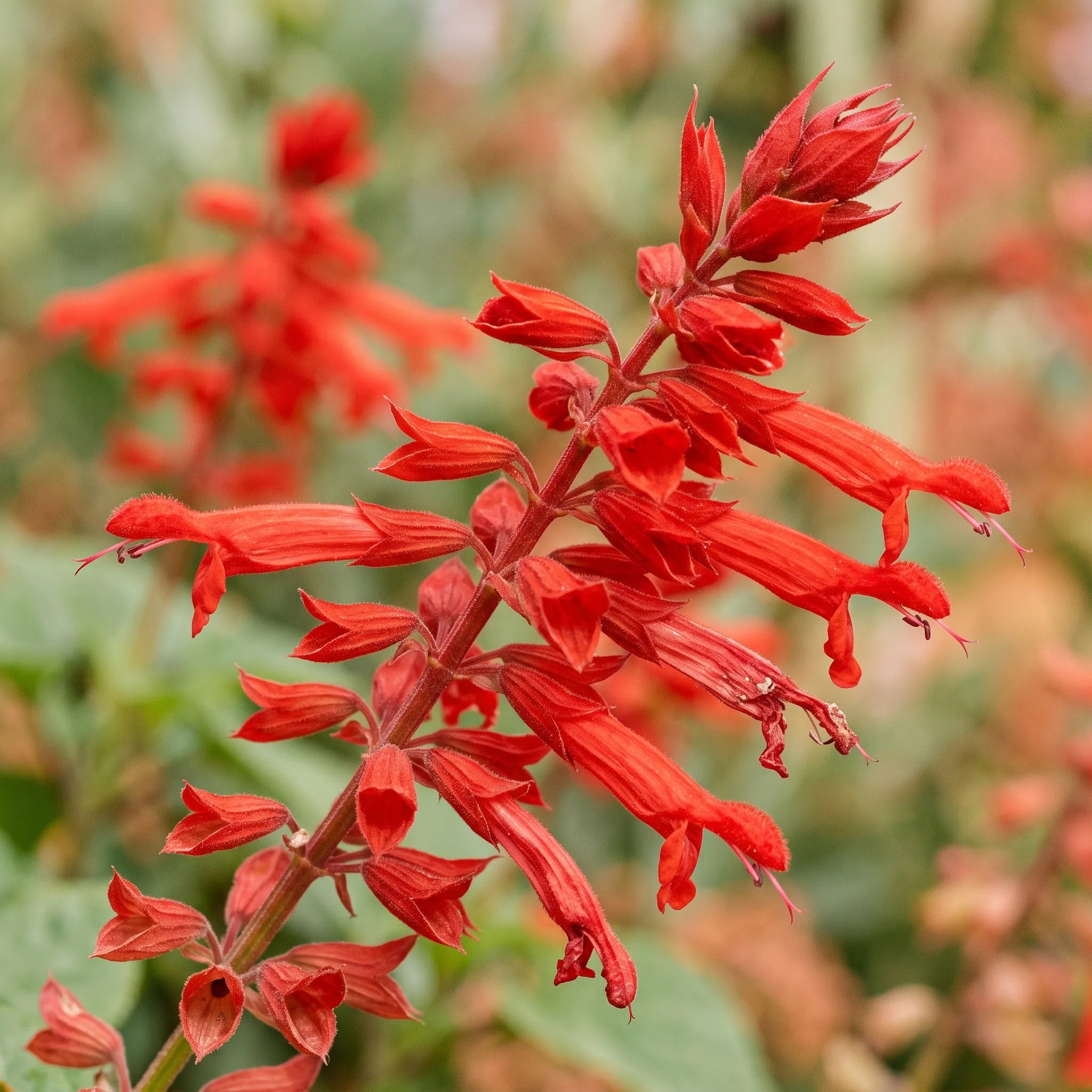 Macro des fleurs tubulaires de Salvia splendens et de leurs calices écarlates