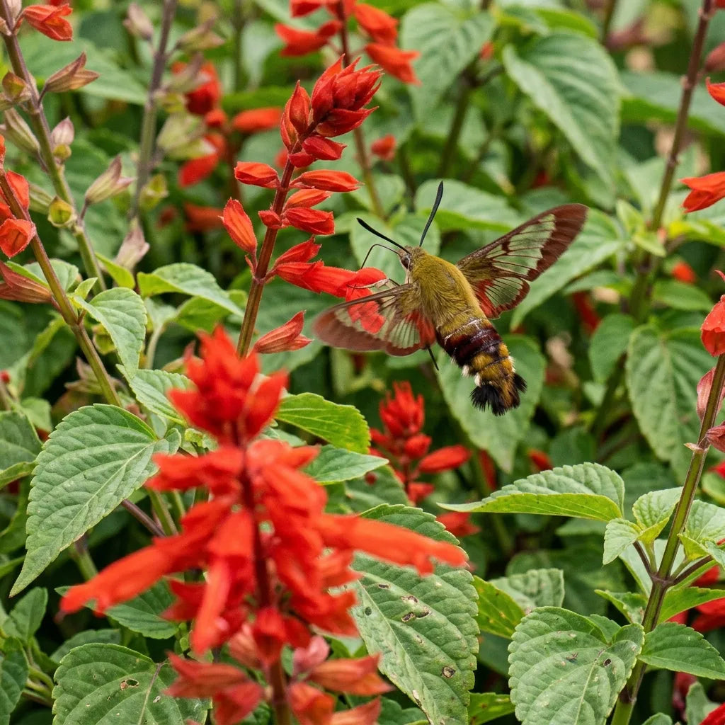 Sphinx gazé en vol stationnaire devant une fleur de sauge éclatante