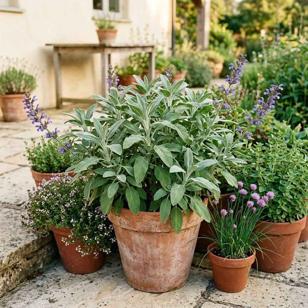 Sauge officinale cultivée en pot de terre cuite sur une terrasse d'aromatiques — SemiSauvage