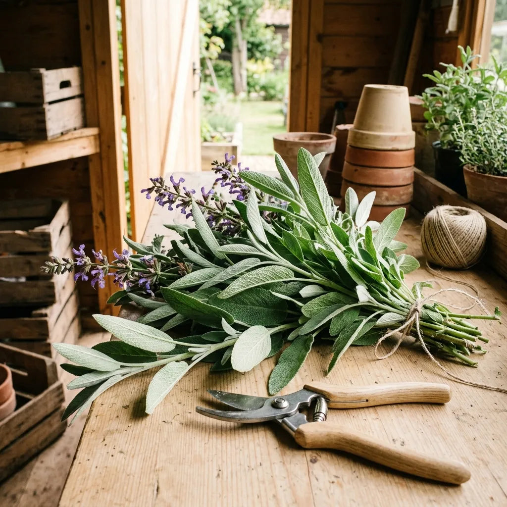 Rameaux de sauge officinale fraîchement coupés dans une remise de jardin — SemiSauvage