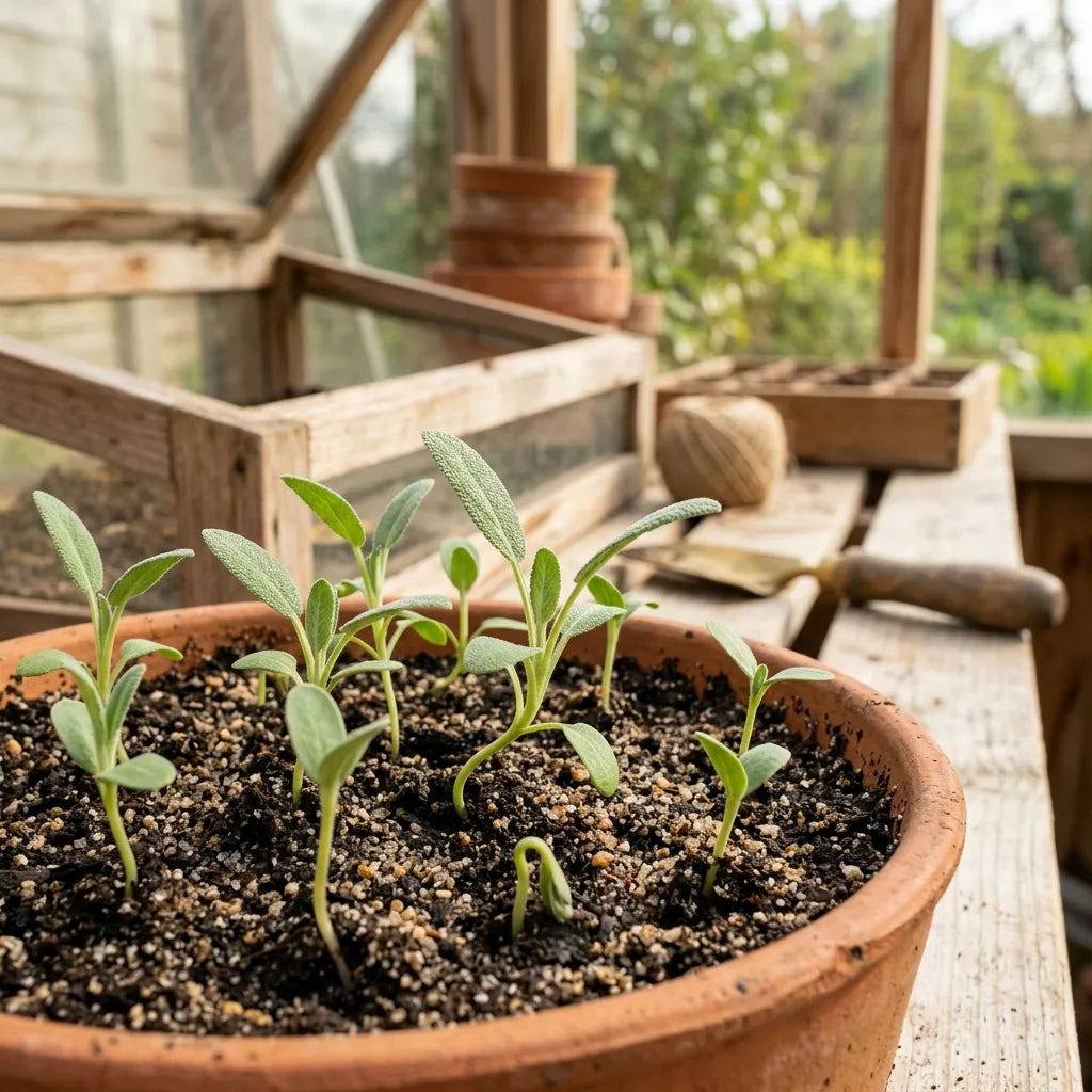 Jeunes plantules de sauge officinale en terrine de terre cuite sous châssis — SemiSauvage