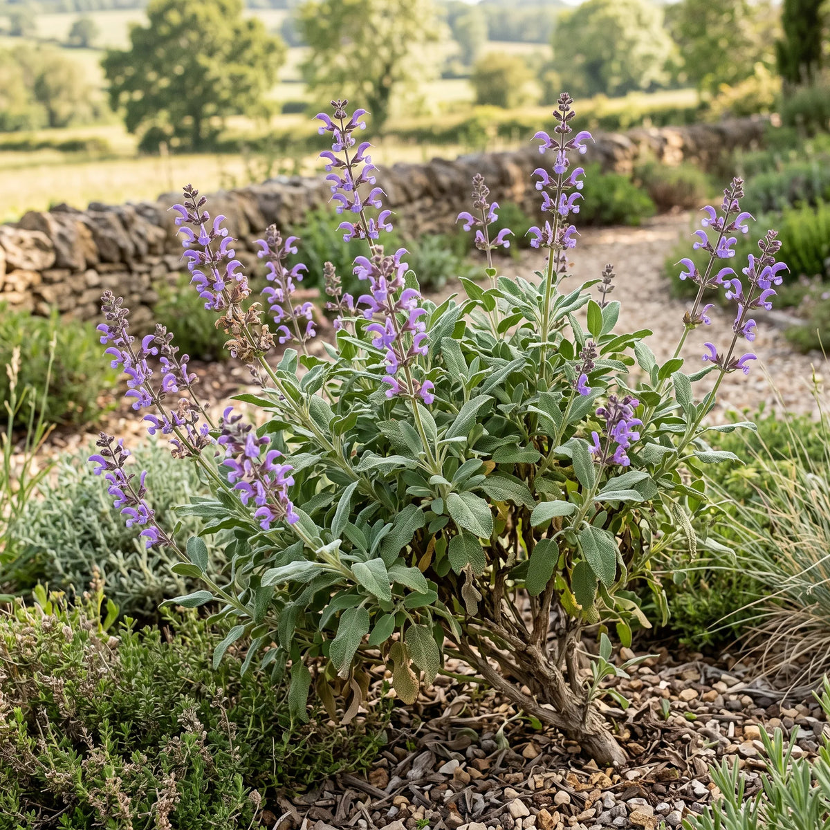 Touffe de sauge officinale en fleurs dans un jardin sec de campagne — SemiSauvage