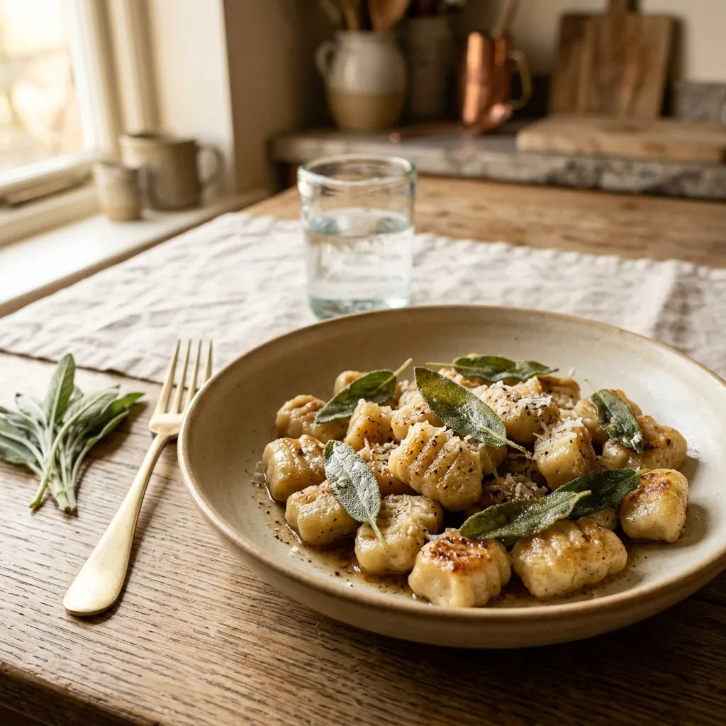 Gnocchi au beurre de sauge dans une assiette en céramique artisanale — SemiSauvage