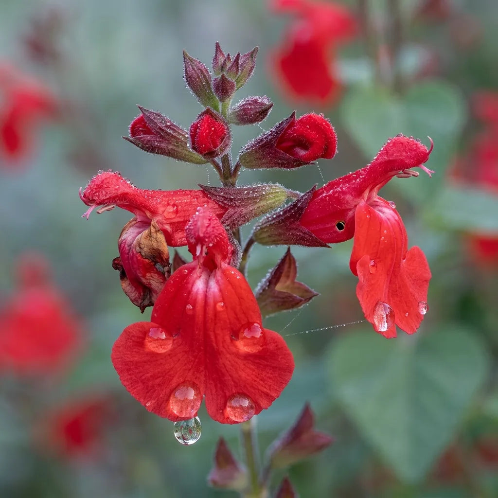 Macro des fleurs bilabiées de Salvia coccinea couvertes de rosée — SemiSauvage