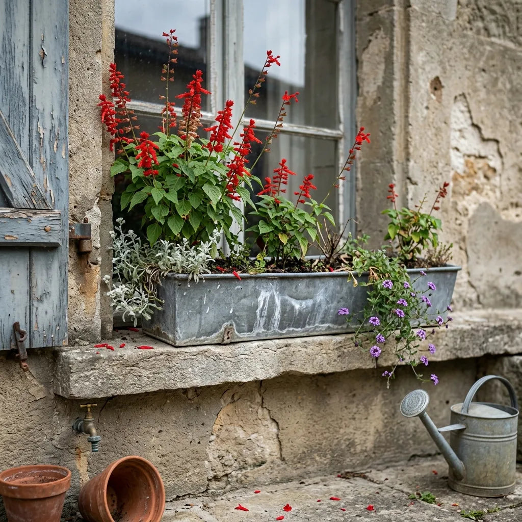 Sauge rouge écarlate cultivée en jardinière de zinc sur un appui de fenêtre — SemiSauvage