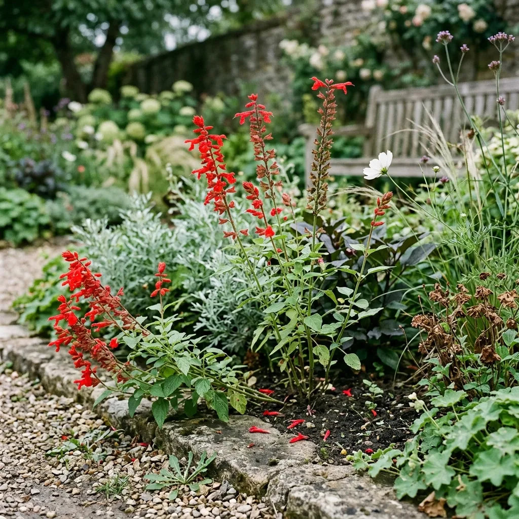 Sauges rouges écarlates dans un massif de jardin d'ornement en fin d'été — SemiSauvage