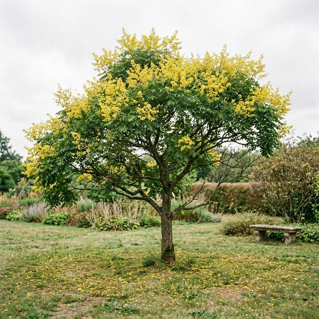 Savonnier adulte en floraison jaune, planté en isolé dans un jardin d'agrément — SemiSauvage
