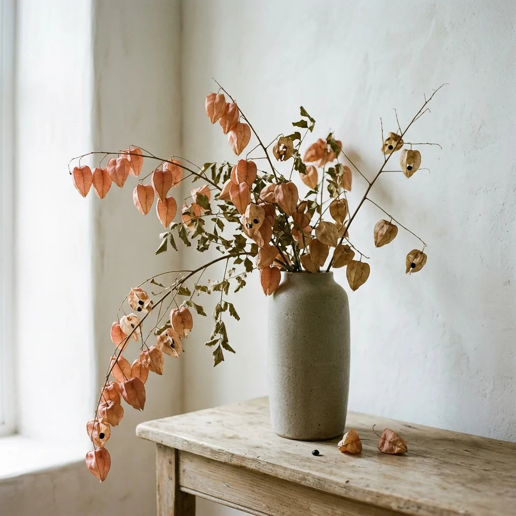 Bouquet sec de branches de savonnier et de lanternes dans un vase de céramique — SemiSauvage
