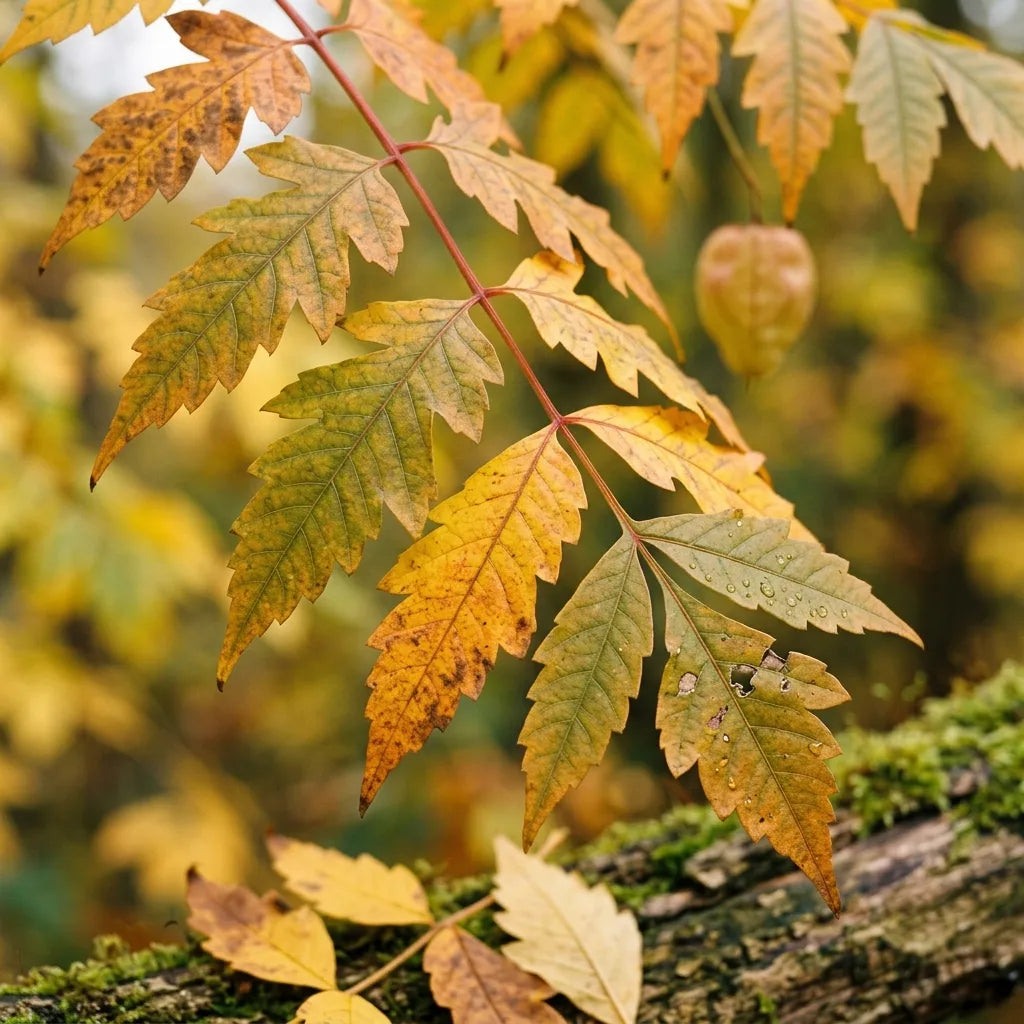 Feuillage d'automne jaune d'or du savonnier, folioles dentées — SemiSauvage