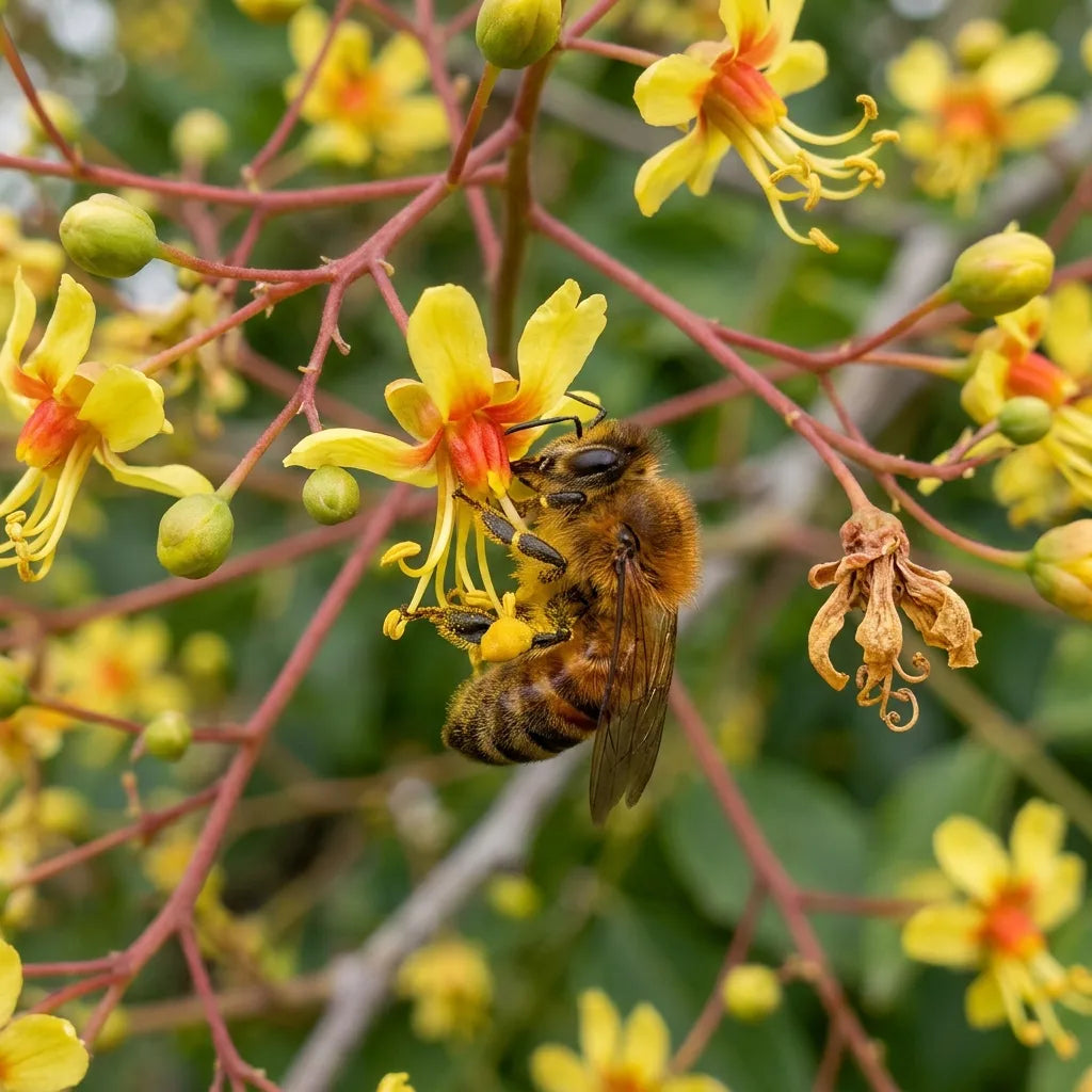 Abeille butinant une fleur de savonnier, arbre mellifère — SemiSauvage